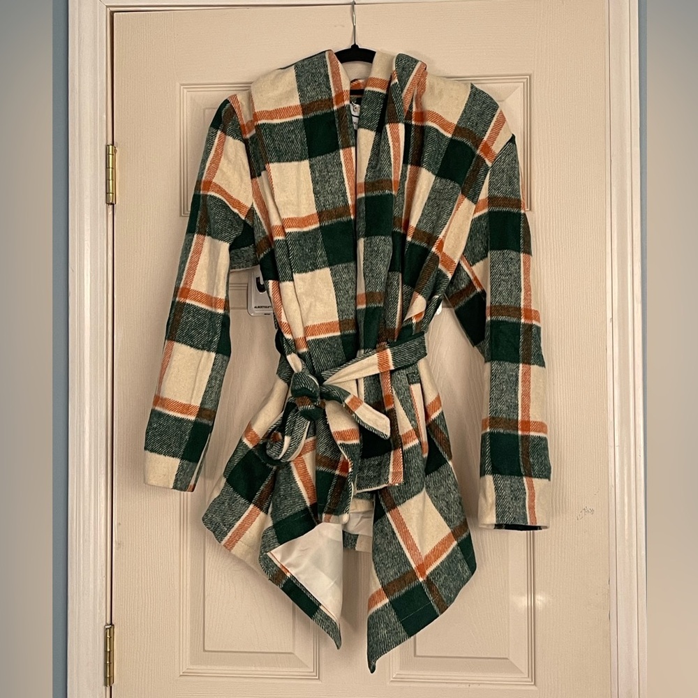 CHICWISH Women's Turn Down Shawl Collar Green/Orange/White Wool Blend Coat